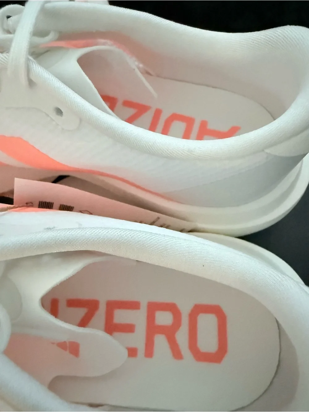 Adidas Adizero Evo SL White Running Shoes, red and orange accents. Size 6.5